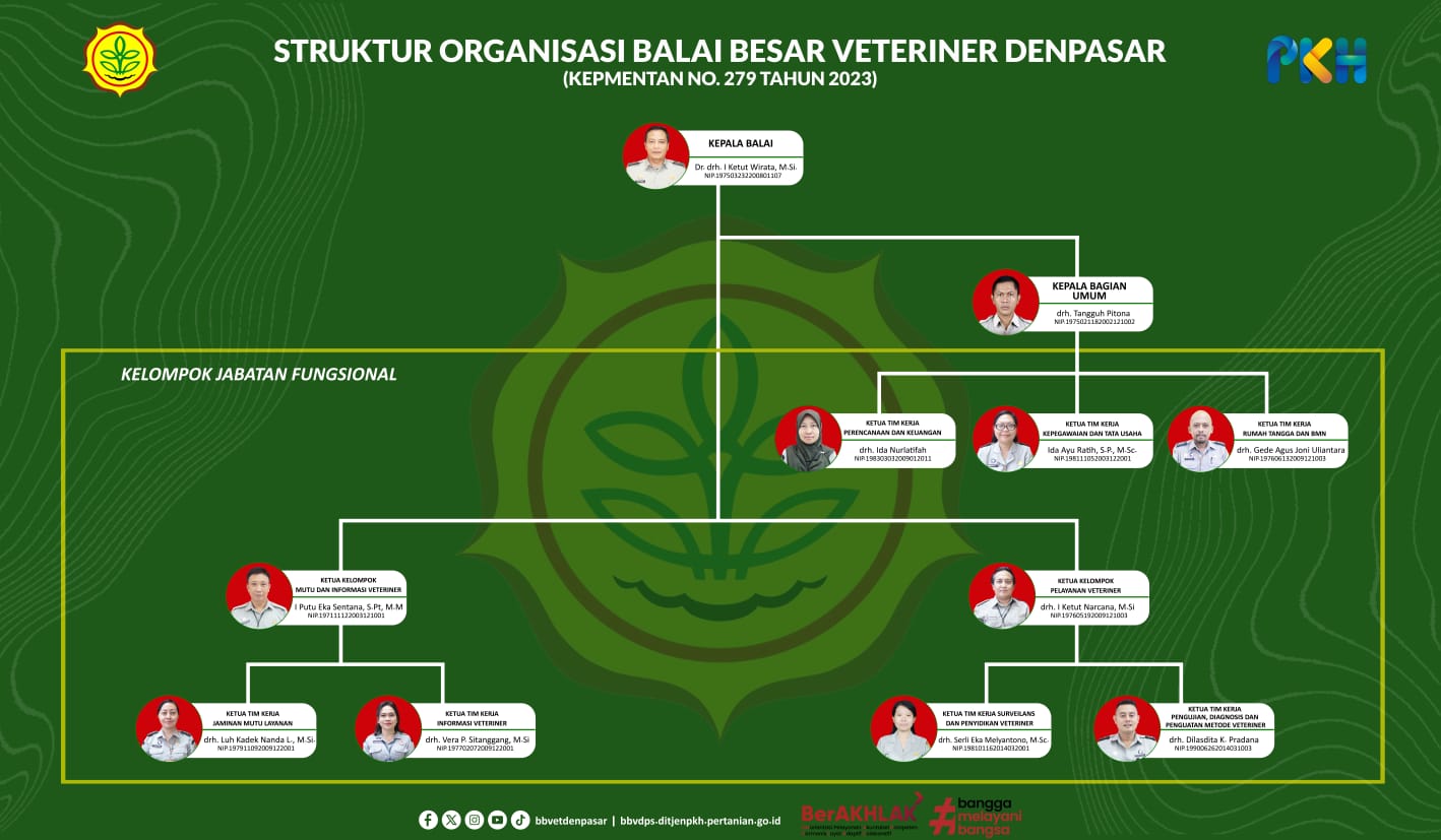 Berdasarkan Keputusan Menteri Pertanian Nomor 279/Kpts/OT.050/M/06/2023 tanggal 05 Juni 2023, Balai Besar Veteriner Denpasar mempunyai susunan organisasi sebagai berikut:  Kepala Balai Besar Veteriner, Kepala Bagian  Umum, Ketua Tim Kerja Kepegawaian dan TU, Ketua Tim Kerja Perencanaan dan Keuangan, Ketua Tim Kerja Rumah Tangga dan BMN, Ketua Kelompok Mutu dan Informasi Veteriner, Ketua Tim Kerja Jaminan Mutu Layanan, Ketua Tim Kerja Informasi Veteriner, Ketua Kelompok Pelayanan Veteriner, Ketua Tim Kerja Surveilans dan Penyidikan Veteriner, Ketua Tim Kerja Pengujian, Diagnosis dan Penguatan Metode Veteriner